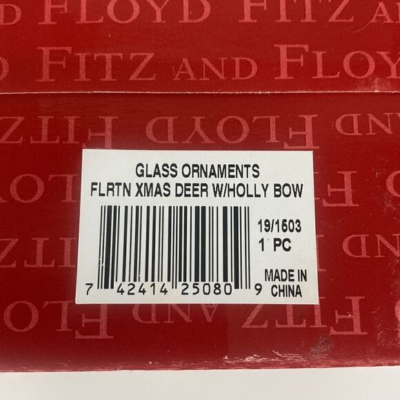 Fitz and Floyd Glass Ornament Christmas Deer with Holly Bow - Picture 4 of 9